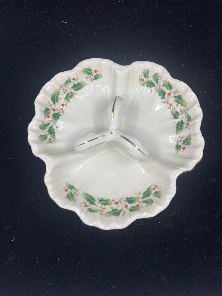 ROYAL LIMITED 3 SECTIONED HOLLY & BERRIES SERVER W HANDLE.