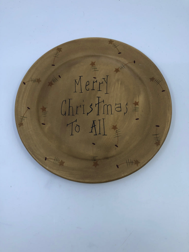 TAN PRIMITIVE MERRY CHRISTMAS PLATE.