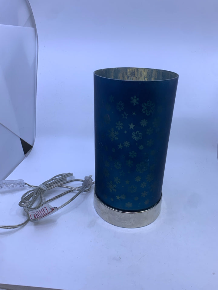 GLASS CYLINDER LAMP FROSTED BLUE W/ SNOW FLAKES.