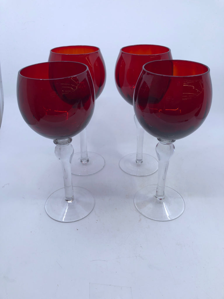 4 RED GLASS WINE GOBLETS.