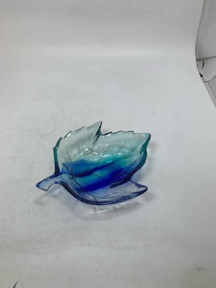 GREEN/BLUE GLASS MAPLE LEAF SHAPED BOWL.
