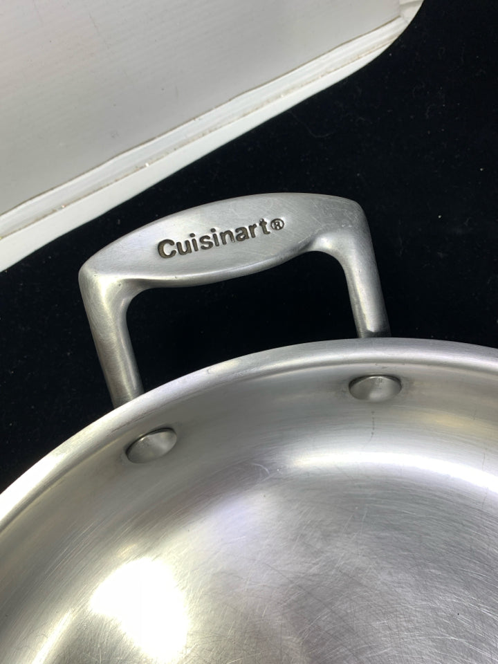 CUISINART STAINLESS STEEL OPEN SKILLET WITH HELPER HANDLE.