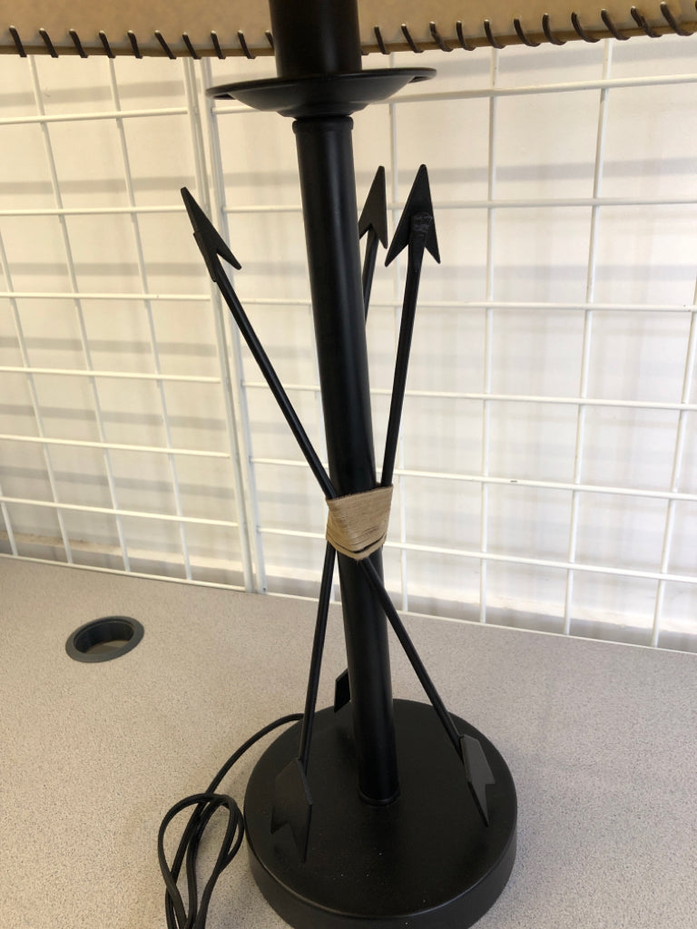 METAL ARROW LAMP W/LEATHER SHADE.