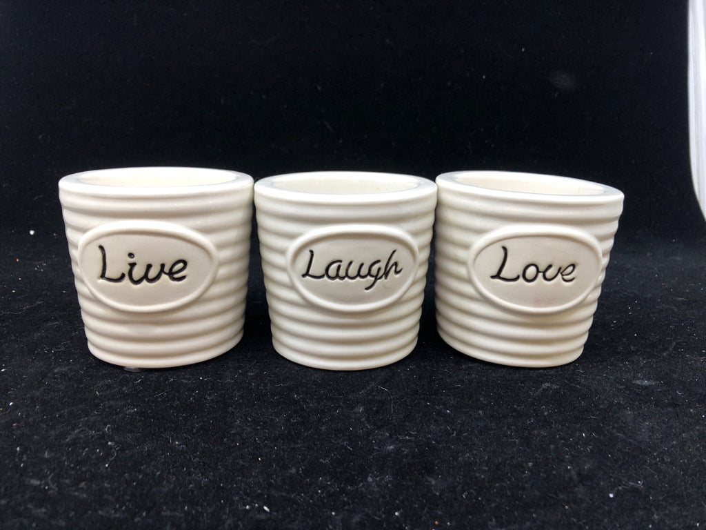 3 WHITE RIBBED LIVE LAUGH LOVE VOTIVE.