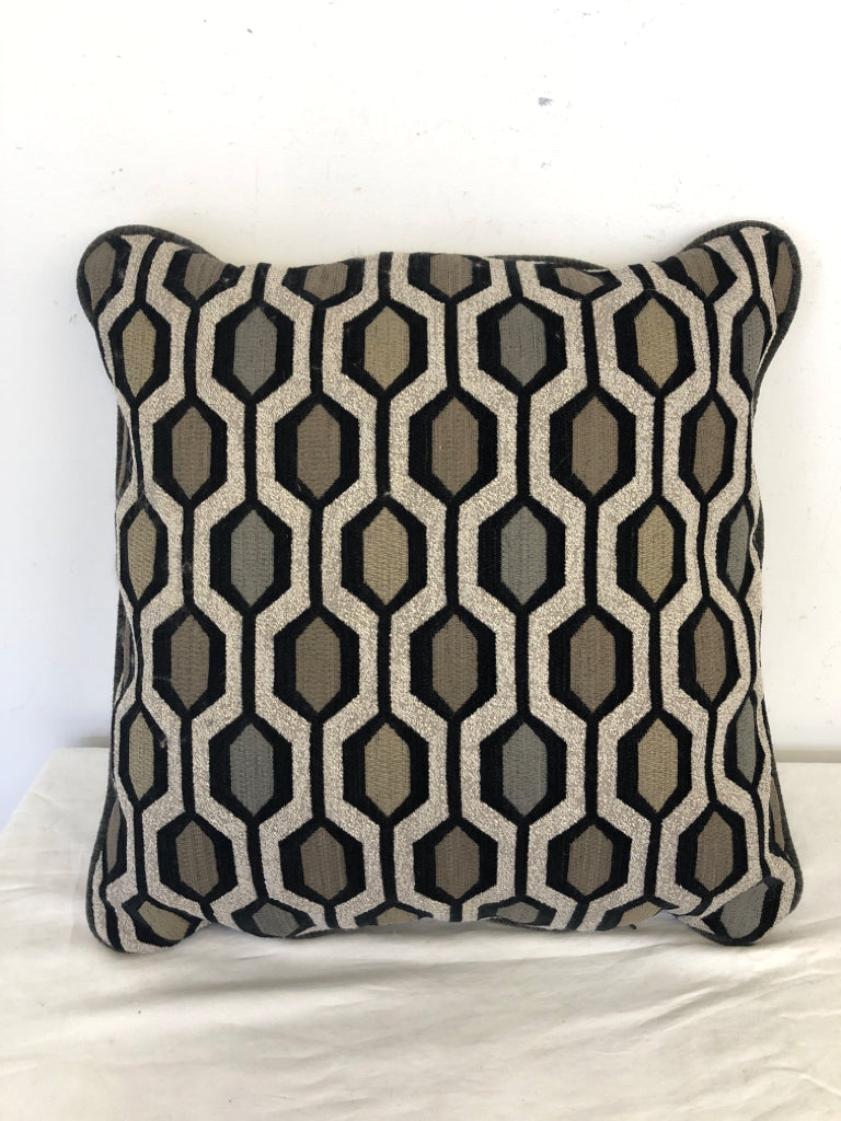 GRAY WITH GOLD,BROWN,GREEN,BLACK HEXAGON SHAPES PILLOW.