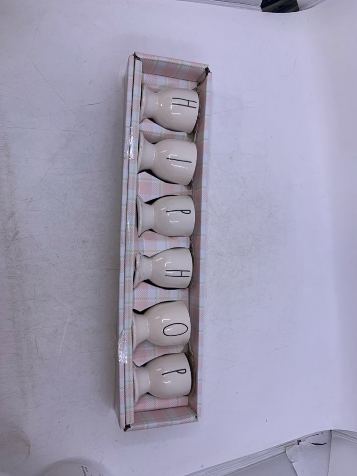 NIB 6 RAE DUNN EGG CUPS SPELLING HIPHOP