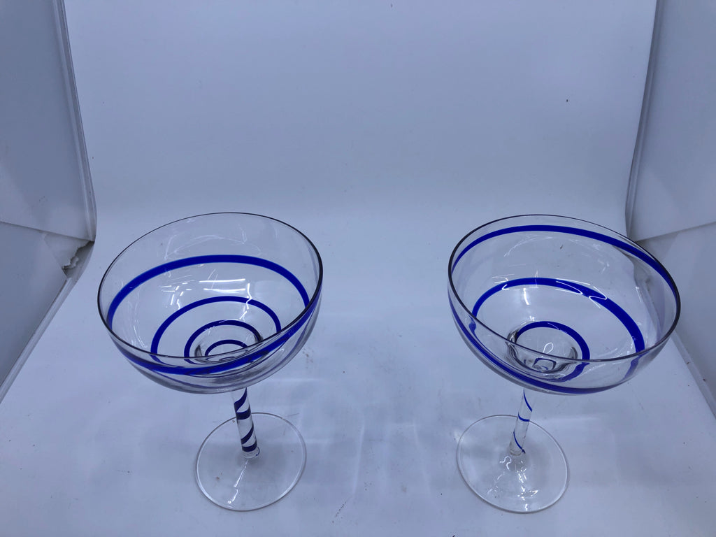2 MARGARITA GLASSES W/ COBALT BLUE SWIRL.