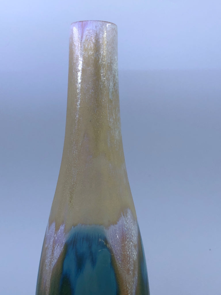 TEAL VASE W/ CREAM NECK.
