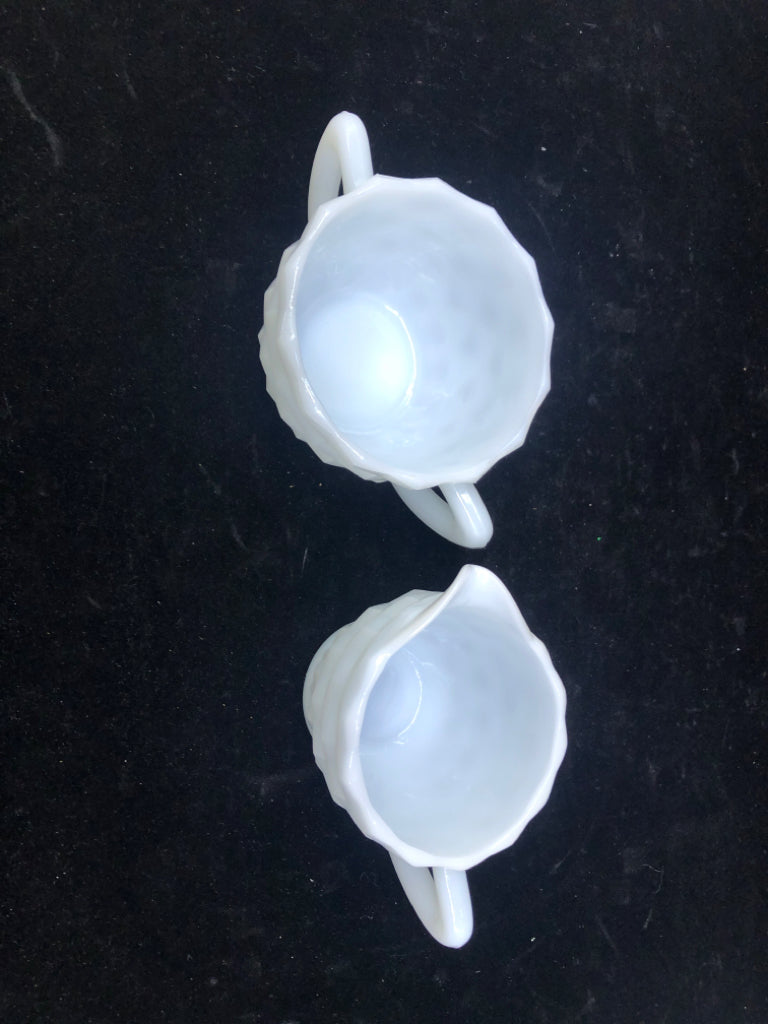 2 PC VTG MILK GLASS SUG/CREAMER DIAMOND CUBE PATTERN.