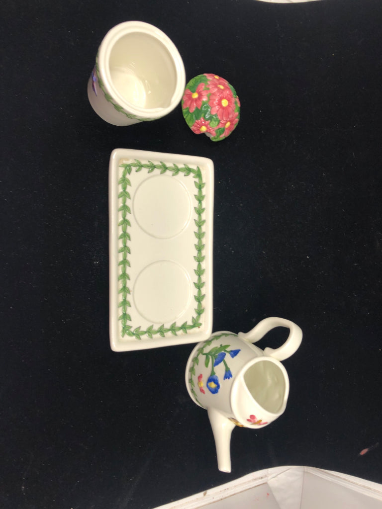 3 PC WATERING CAN = FLOWER POT WITH TRAY CREAM + SUGAR SET.