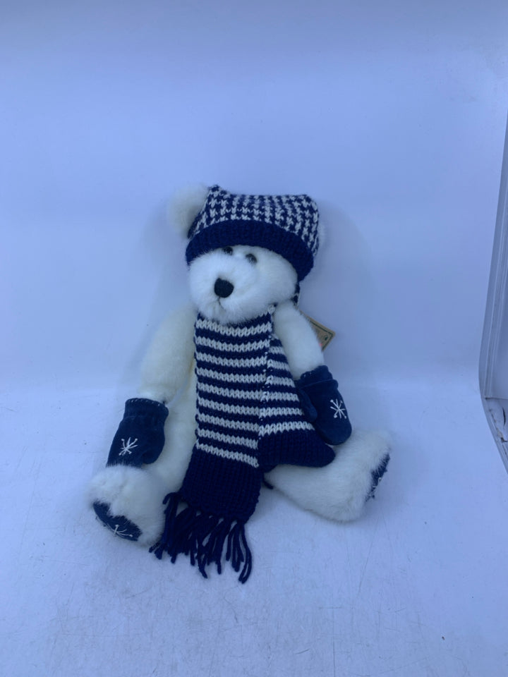 WHITE BEAR W/ NAVY MITTENS/STRIPED SCARF & HAT BOYDS BEAR.