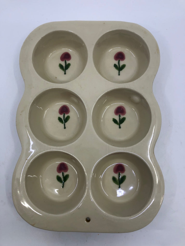 POTTERY 6 SLOT CUPCAKE PAN W/ PAINTED CHERRIES.