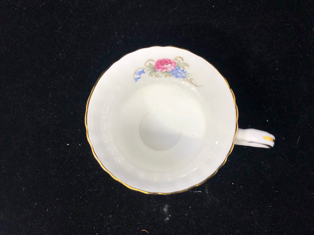 VTG CHATELAINE TEA CUP + SAUCER W BLUE AND PINK FLOWER DESIGN.