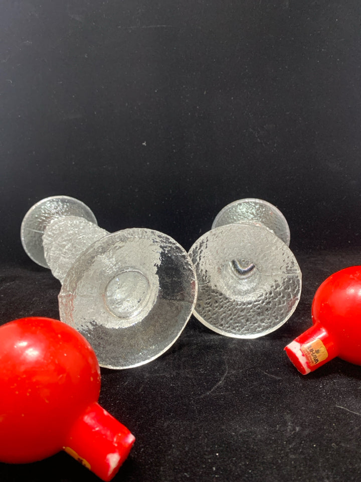 2 VTG FROSTED GLASS CANDLE HOLDERS W/RED BALL CANDLES.