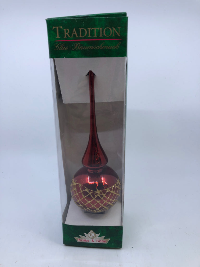 NIB GLASS RED AND GOLD TREE TOPPER