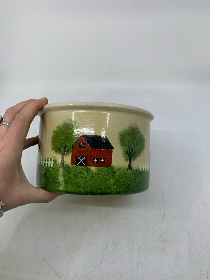 CROCK W/ PRIMITIVE STYLE HOUSES,TREES AND BARN.