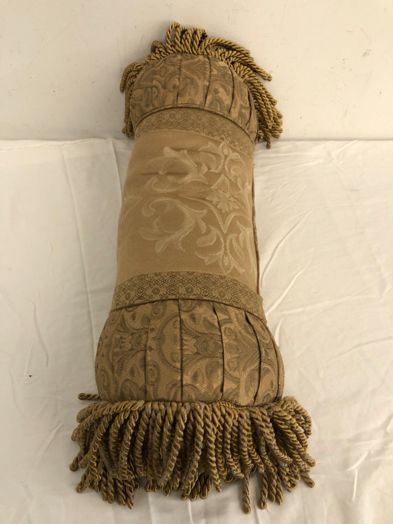 BROWN ROLL PILLOW W/FRINGE.