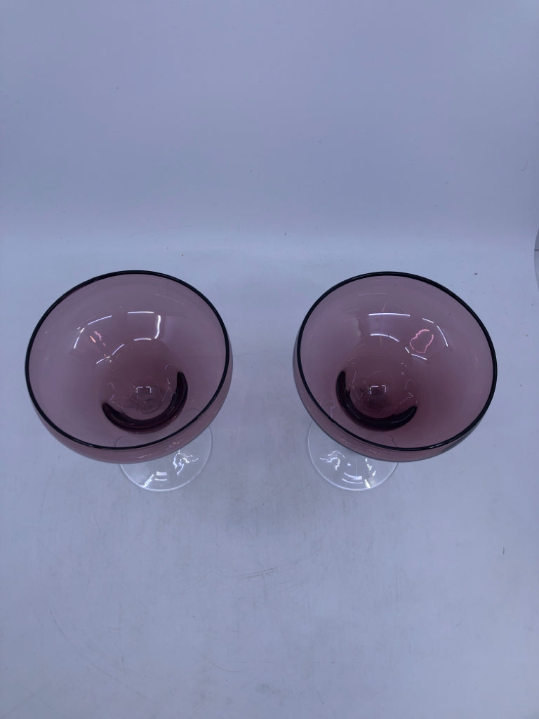 2 PURPLE GLASS MARGARITA GLASSES W/ CLEAR STEMS.