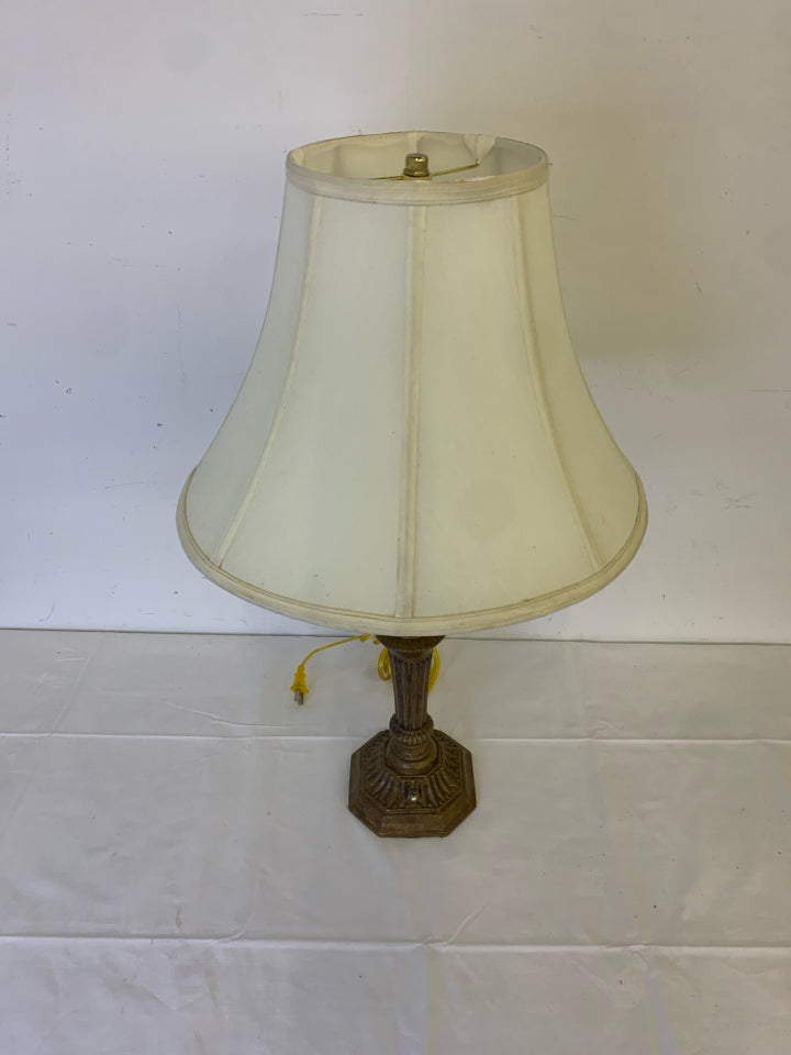 TAN METAL LAMP W/ CREAM SHADE.