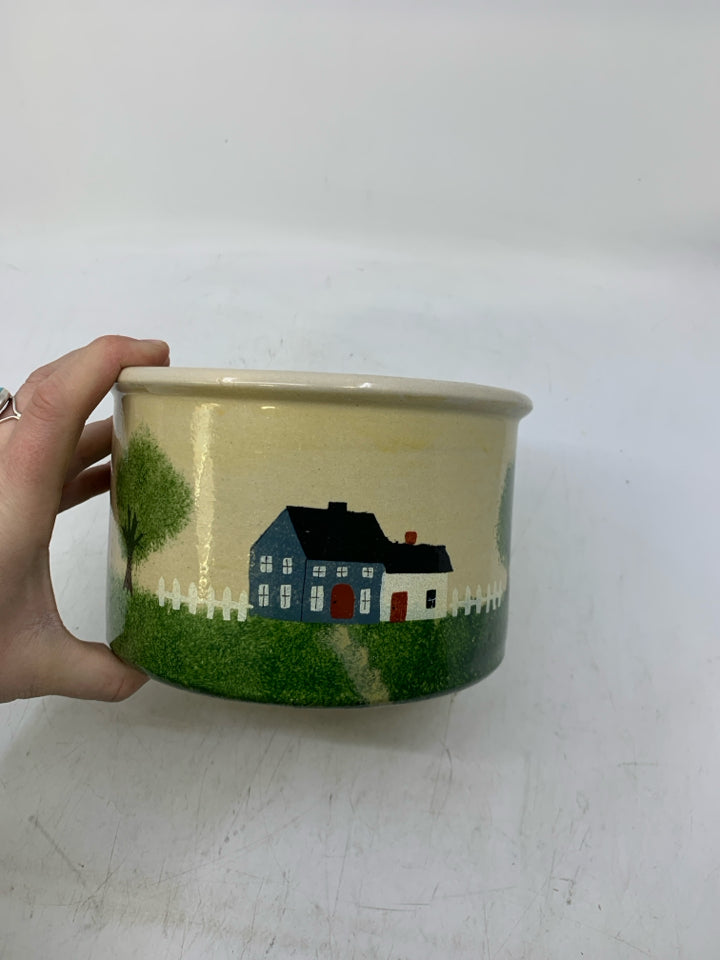 CROCK W/ PRIMITIVE STYLE HOUSES,TREES AND BARN.