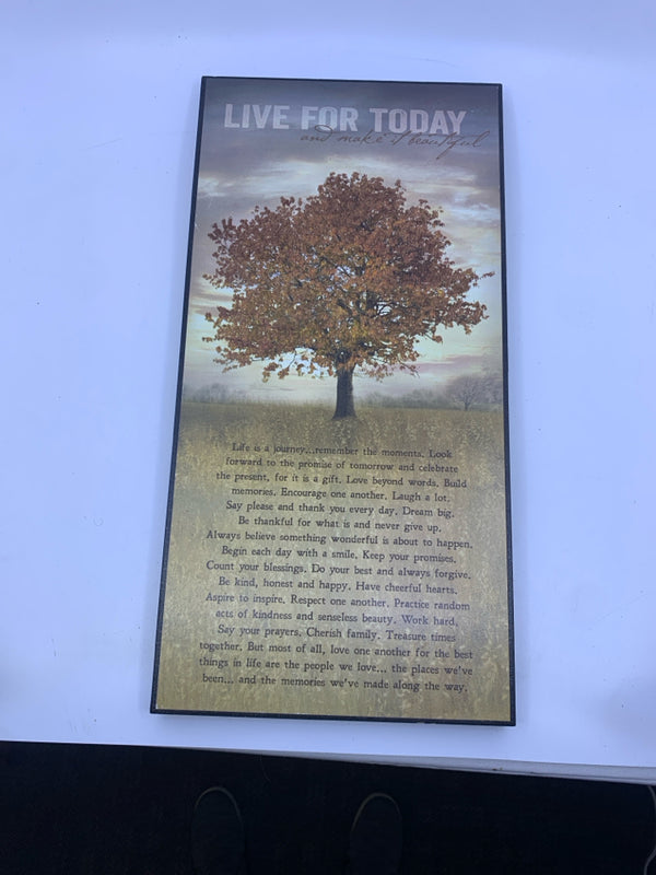 "LIVE FOR TODAY" WOOD PLAQUE W STAND.