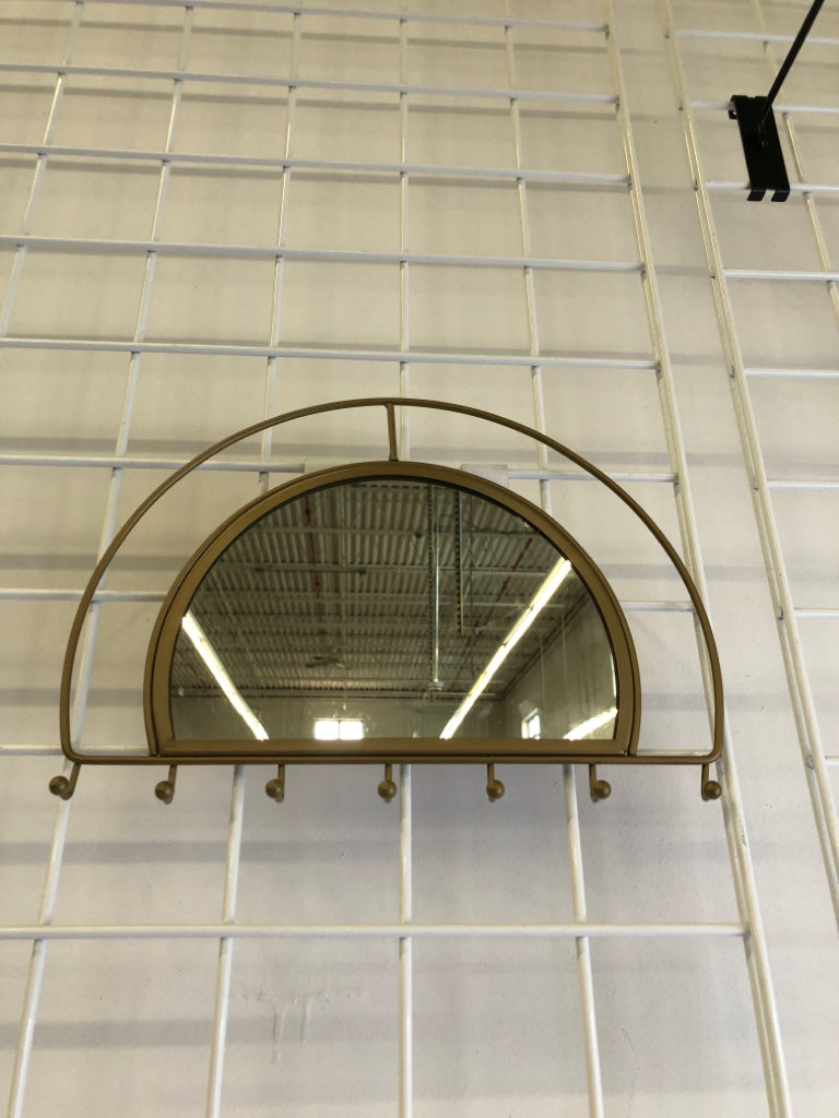 METAL HALF MOON MIRROR W/ 7 HOOKS WALL HANGING.