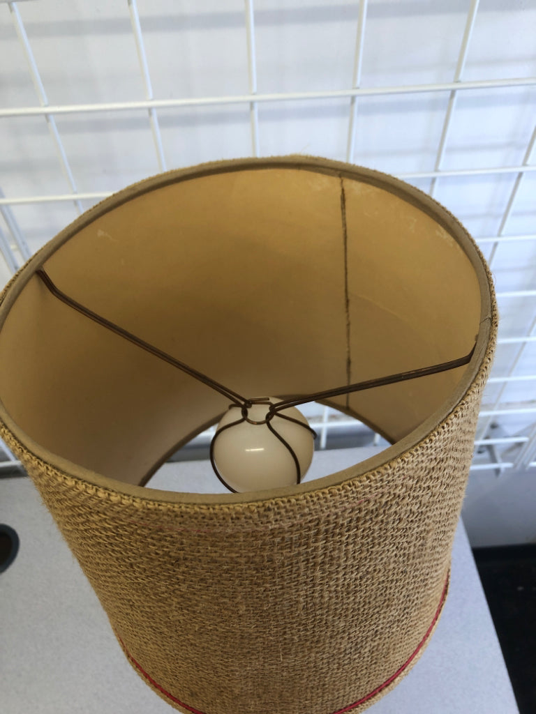 VTG STYLE COPPER LAMP W/BURLAP SHADE & RED STITCHING.