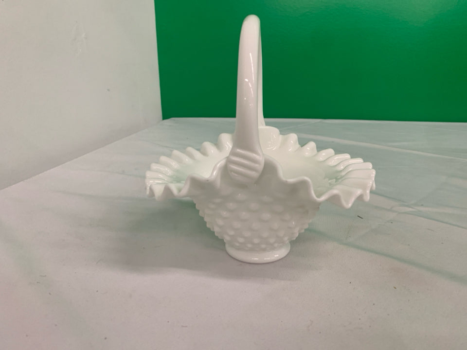 WHITE MILK GLASS HOBBNAILED RUFFLED EDGES BASKET.