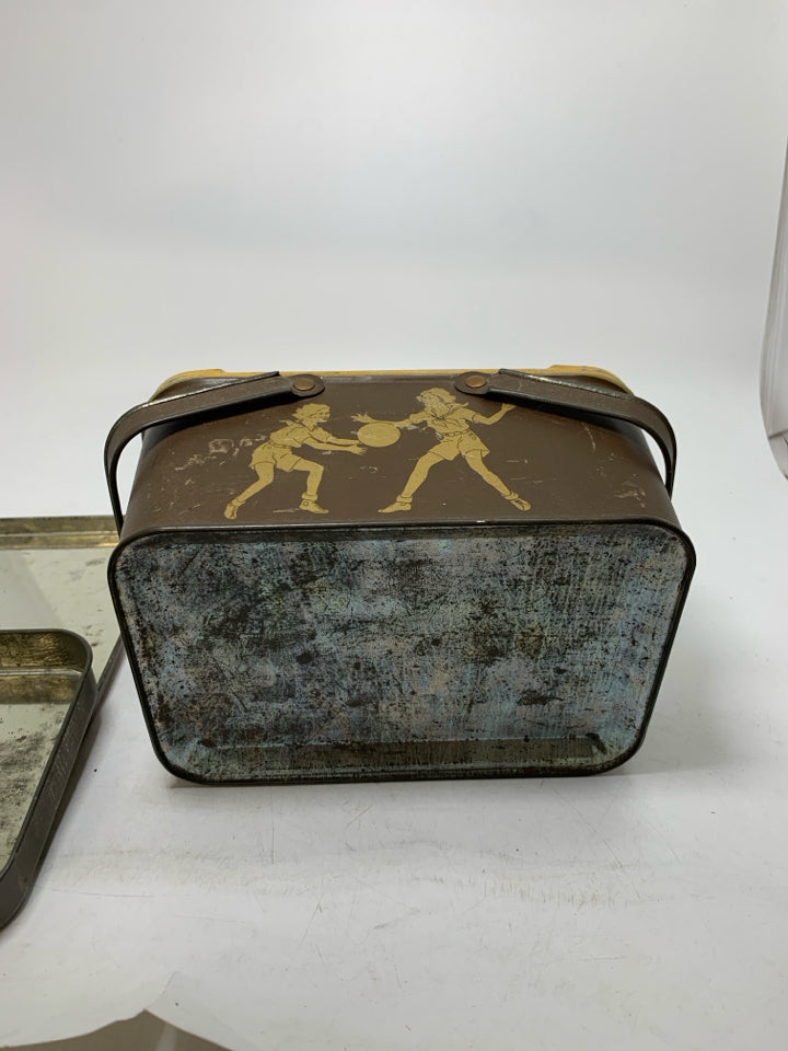 VTG BROWN METAL WOMAN PLAYING SPORTS SEWING BOX DECOWARE.