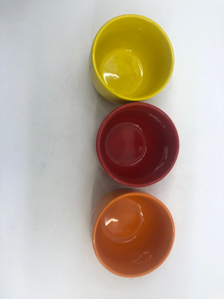 3 M&MS BOWLS- YELLOW, RED, ORANGE.