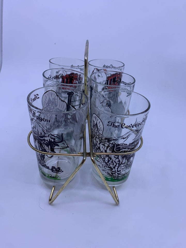 6 VTG TUMBLER GLASSES W SCENES IN GOLD METAL CARRIER.