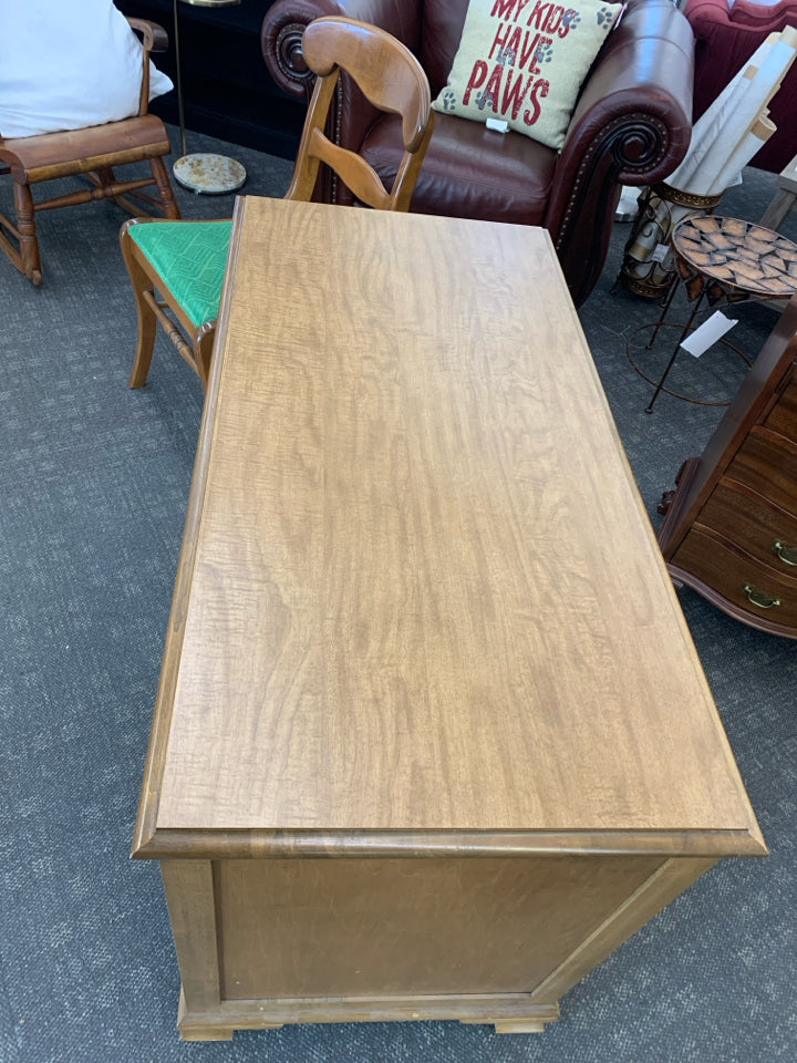 MADDOX VTG SOLID WOOD DESK + GREEN FABRIC CHAIR.