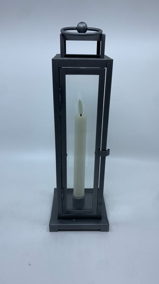 GREY METAL LAMP W/FAUX CANDLE.