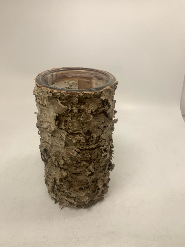 TREE BARK TEXTURED WRAPPED CYLINDER VASE.