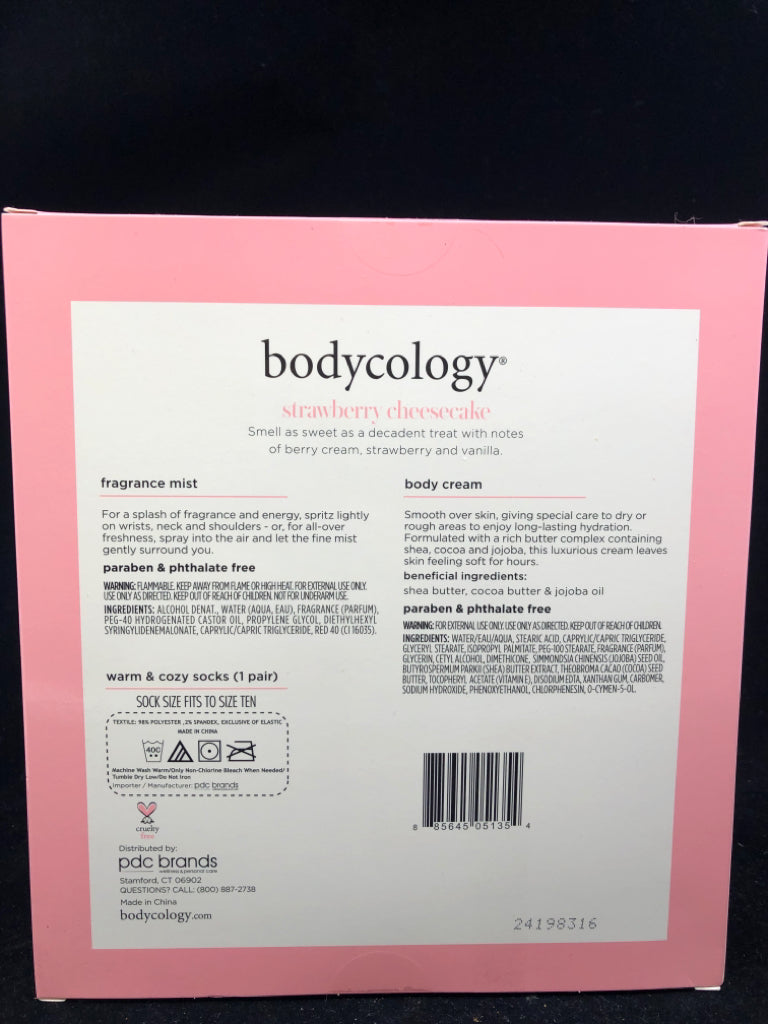 NIP STRAWBERRY CHEESECAKE BODYCOLOGY LOTION,SOCKS,FRAGRANCE MIST.