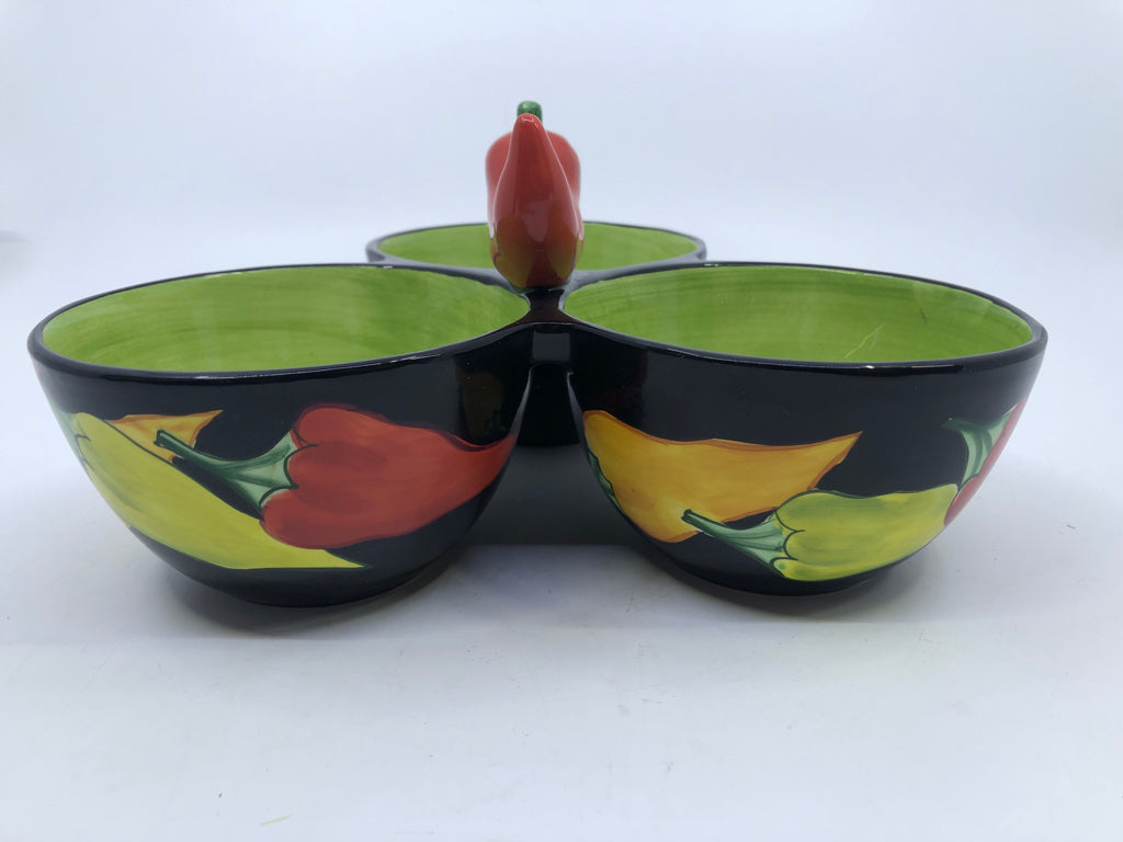 CHILI 3 DIP SERVING DISH-BLACK & GREEN.