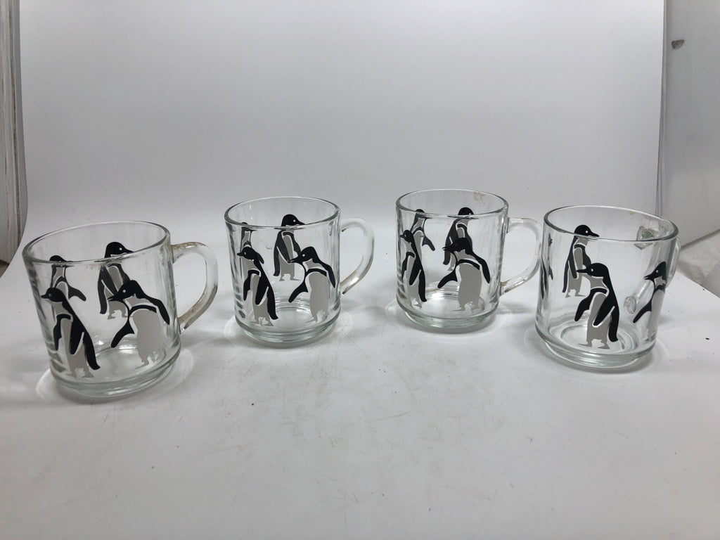 4 PENGUIN GLASS MUGS.