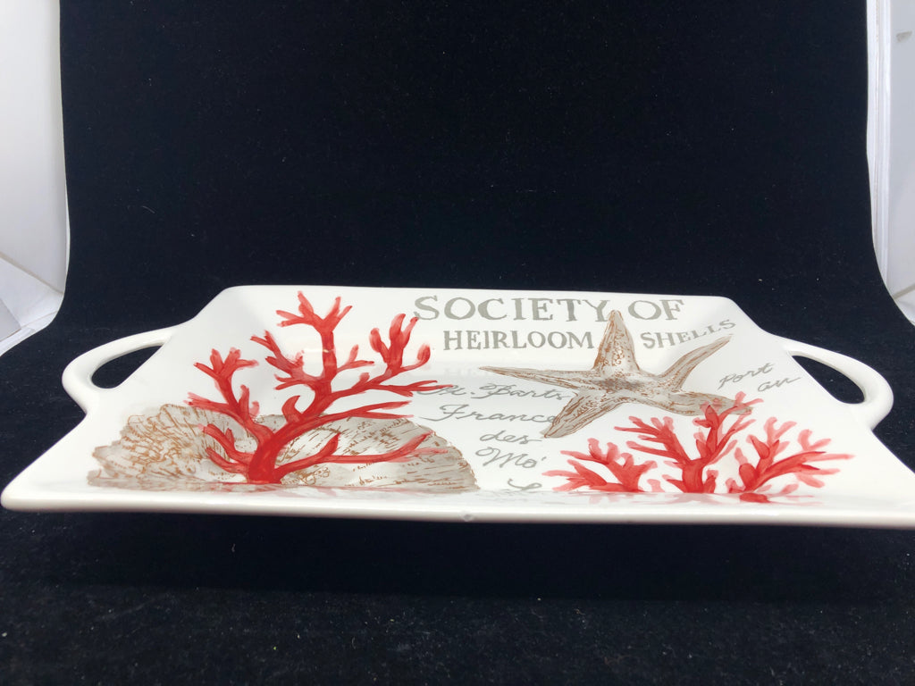 WHITE SEASHELL TRAY W HANDLES.
