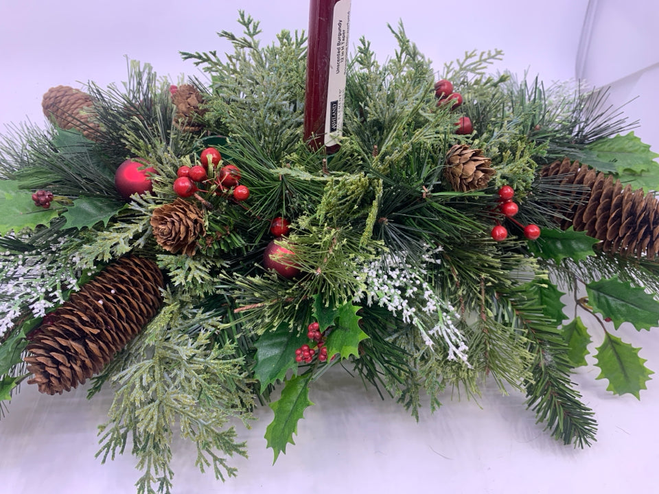 FAUX PINE ARRANGEMENT W CANDLES.