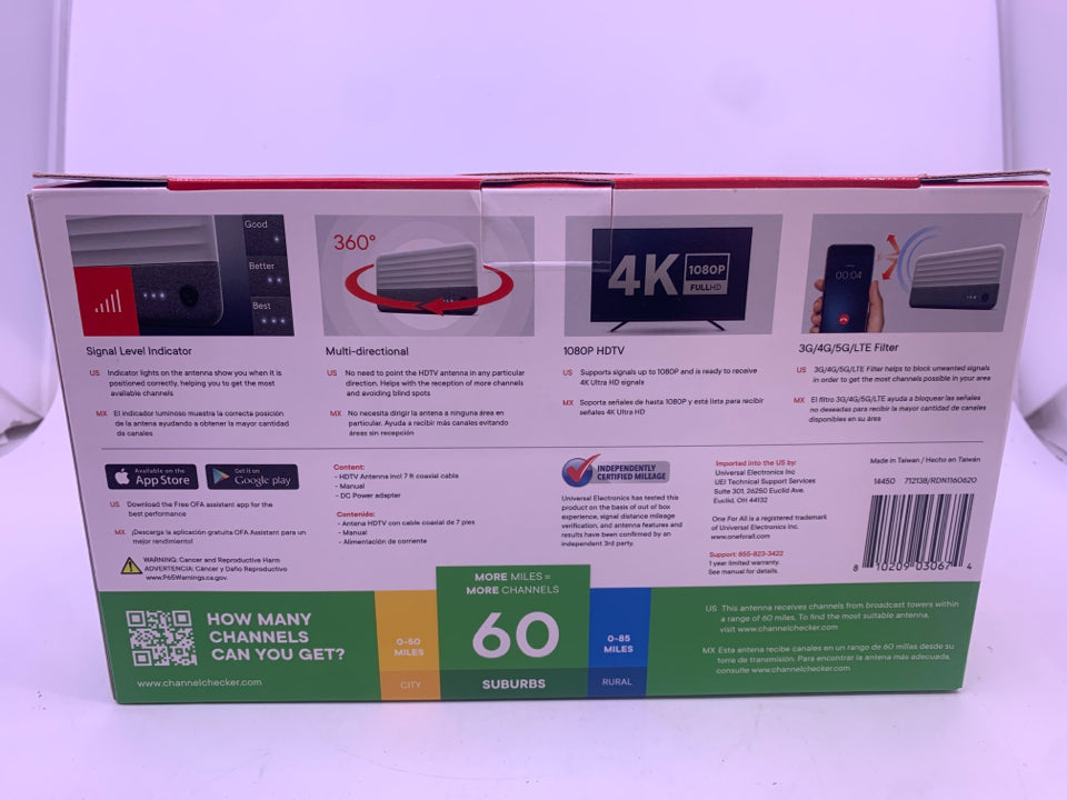 NIB HDTV INDOOR ANTENNA - 60 MILE RANGE
