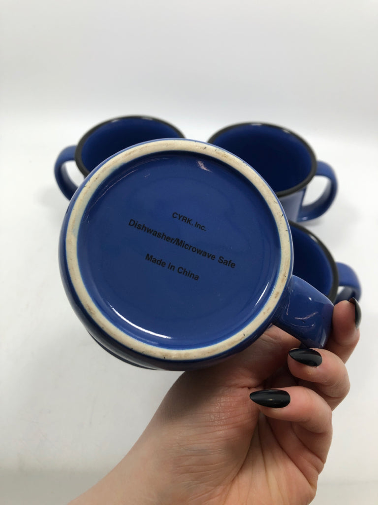 4 BLUE SPECKLE MUGS W/BLACK RIM.