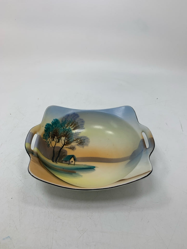VTG HOUSE W/ TREE NEAR WATER ASIAN STYLE BOWL W/ HANDLES.
