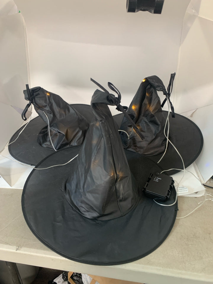 3 BLACK WITCH HATS W/ LIGHTS.