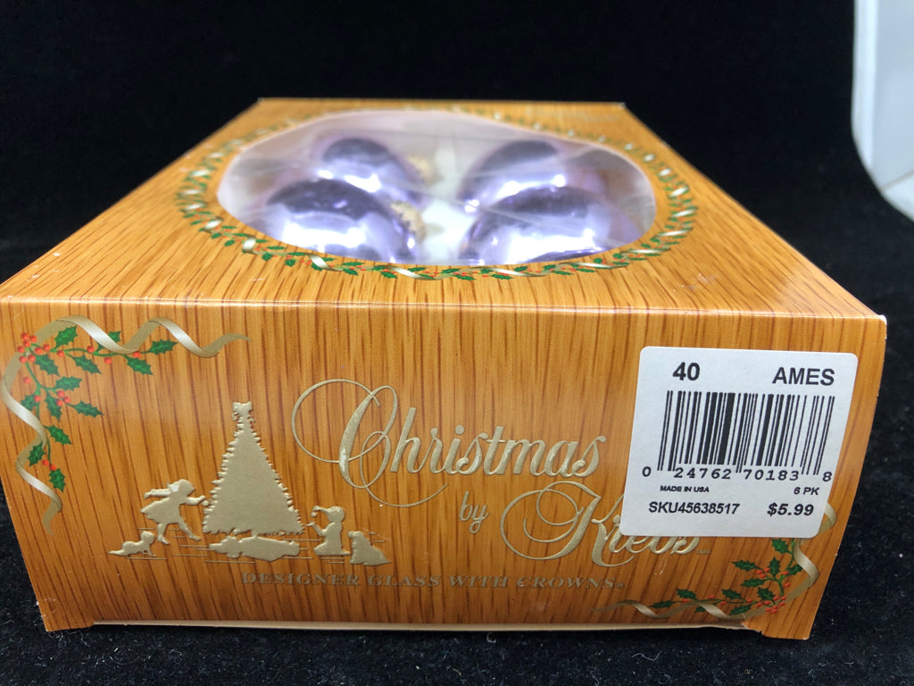 6PK VTG PURPLE GLASS ORNAMENTS IN BOX.