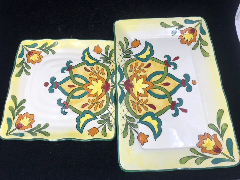 2 CERAMIC SERVING PLATTERS ORANGE/YELLOW FLOWER DESIGN DARK GREEN RIM.