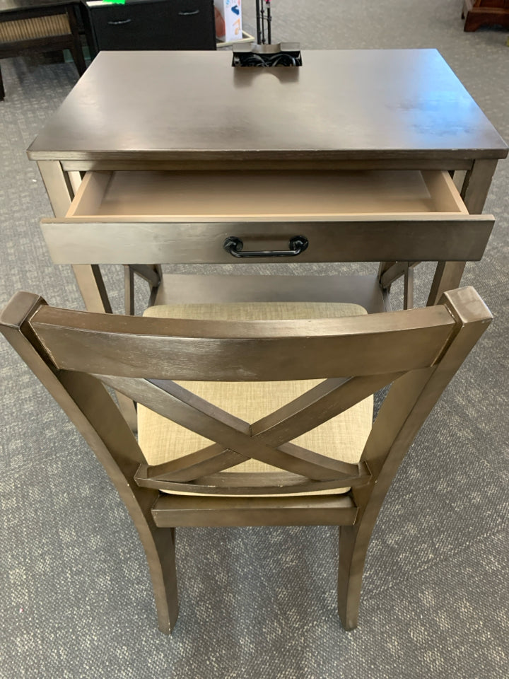 DK WOOD WRITING DESK AND CHAIR W/OUTLETS LAP DRAWER.