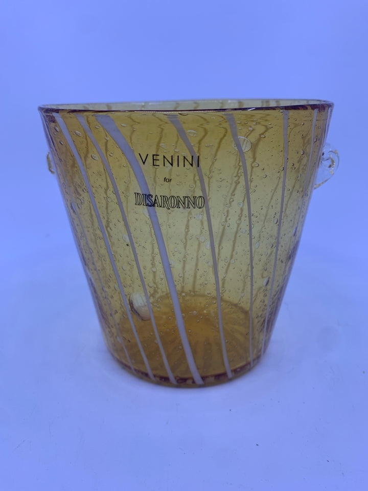 YELLOW BUBBLE BLOWN GLASS ICE BUCKET W/ WHITE LINES.