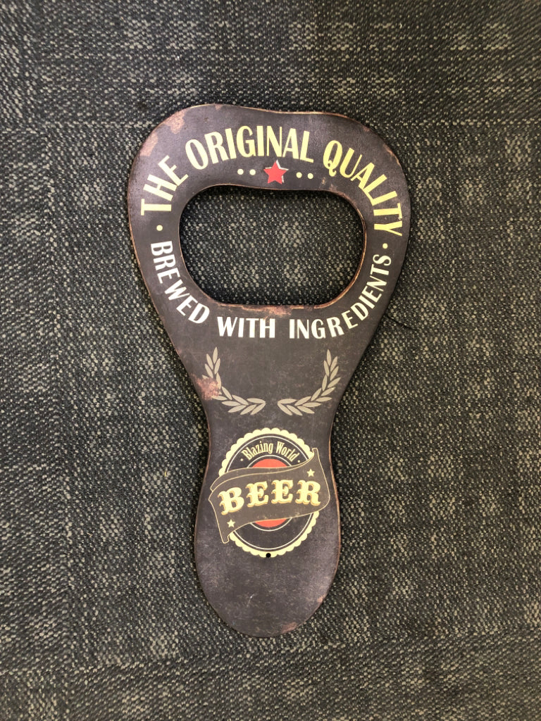 METAL BOTTLE OPENER SHAPED BLAZING WORLD BEER WALL ART.