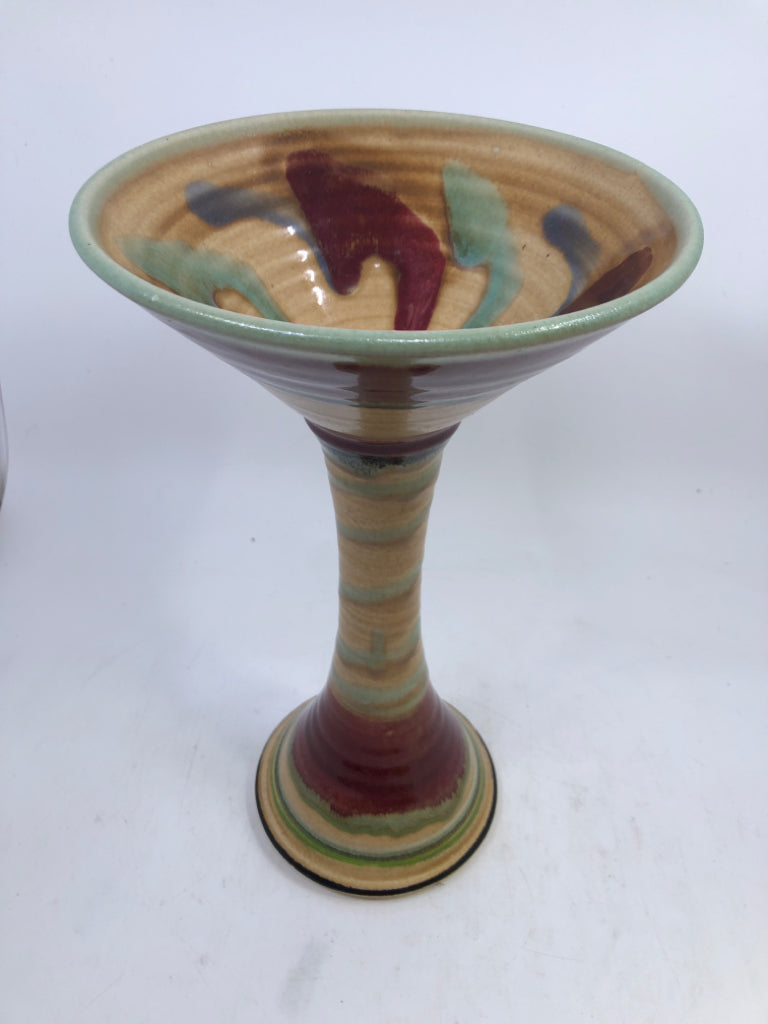 ABSTRACT PAINTED POTTERY CHALICE CREAM, GREEN & RED.