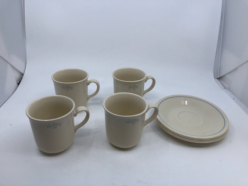 8PC CREAM W BLUE FLORAL CORNING WARE TEACUP AND SAUCER SET - 4 CUPS 4 SAUCER.